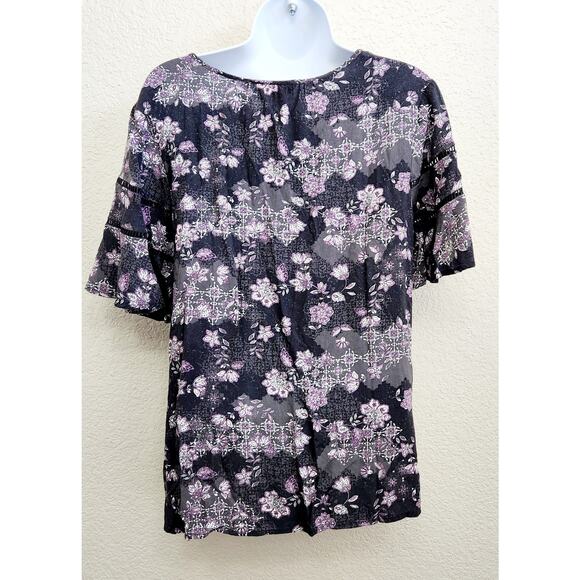 Cato Black Purple White Floral Print Short Bell Sleeves Top Medium Lightweight - Picture 3 of 5
